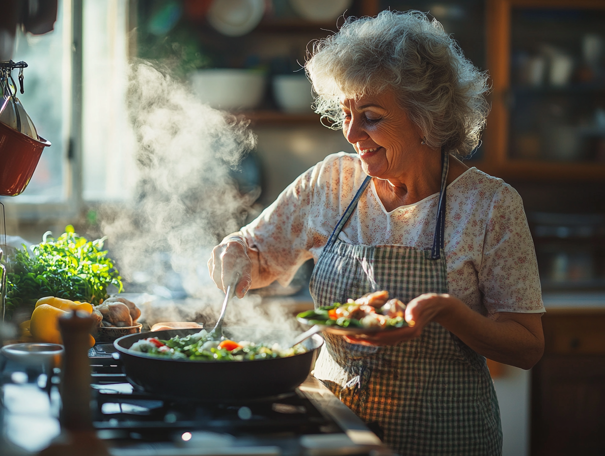 Старше подружжя готує здорову їжу разом